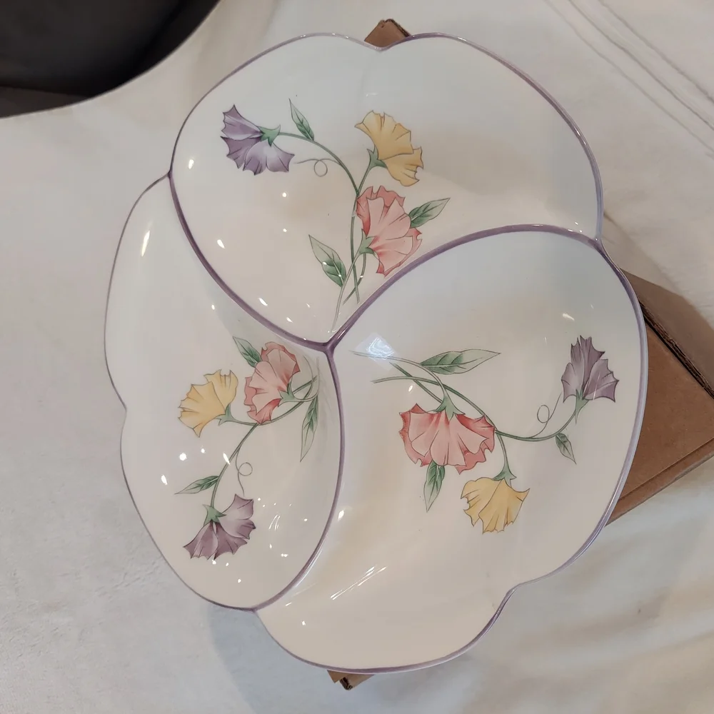 Floral Divided Serving Dish Dip Chip Condiment Bowl 3 Compartments